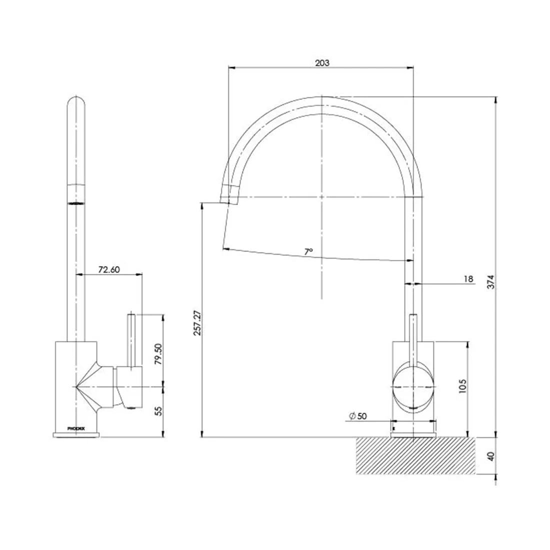 Phoenix Pina Sink Mixer 200mm Gooseneck Brushed Nickel Phoenix Pina Sink Mixer 200mm Gooseneck Brushed Nickel -Cook & Bathe 153 7330 40 SpecSheet Web