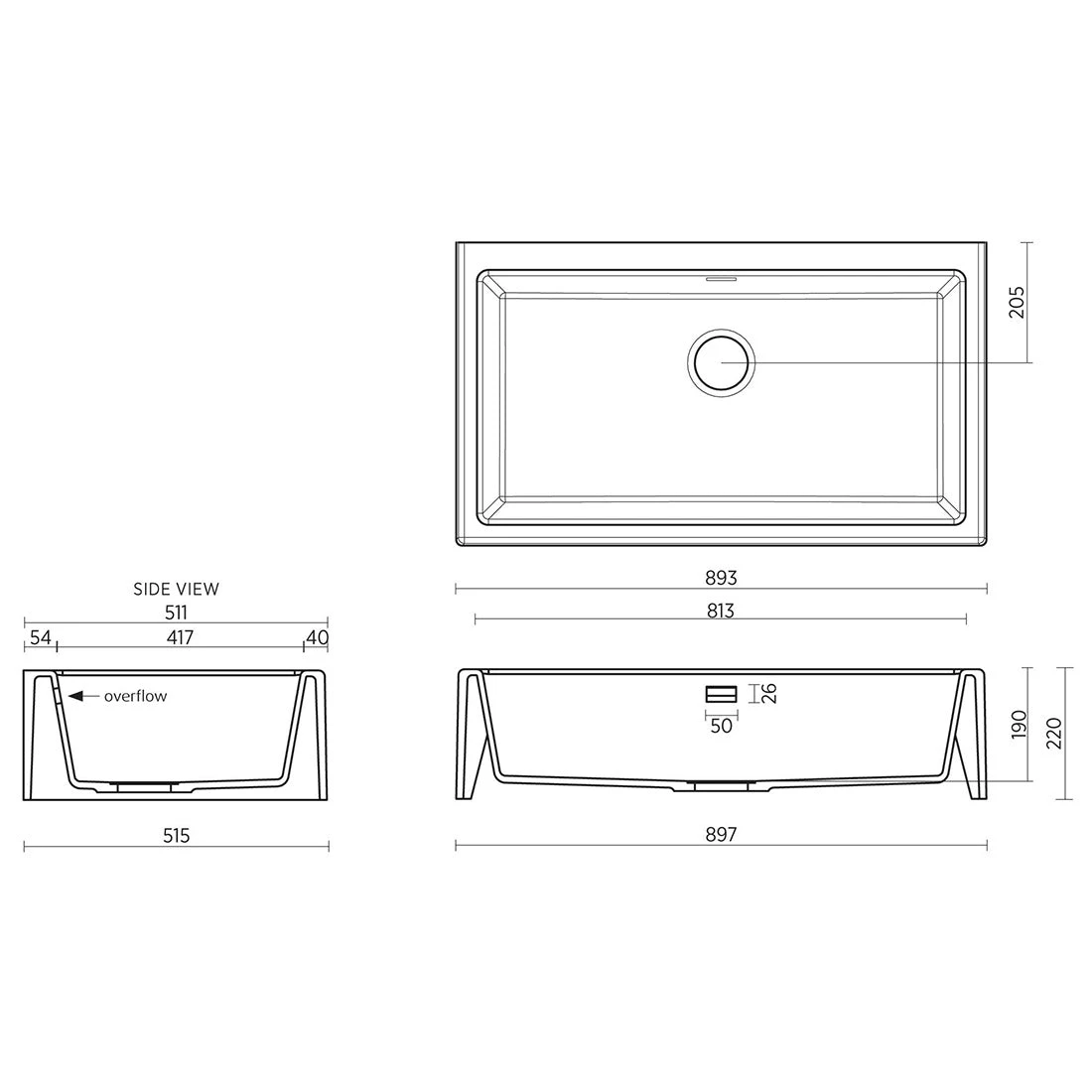 Seima Oros 900 Butler Sink No Taphole Black Seima Oros 900 Butler Sink No Taphole Black -Cook & Bathe 191046 spec web