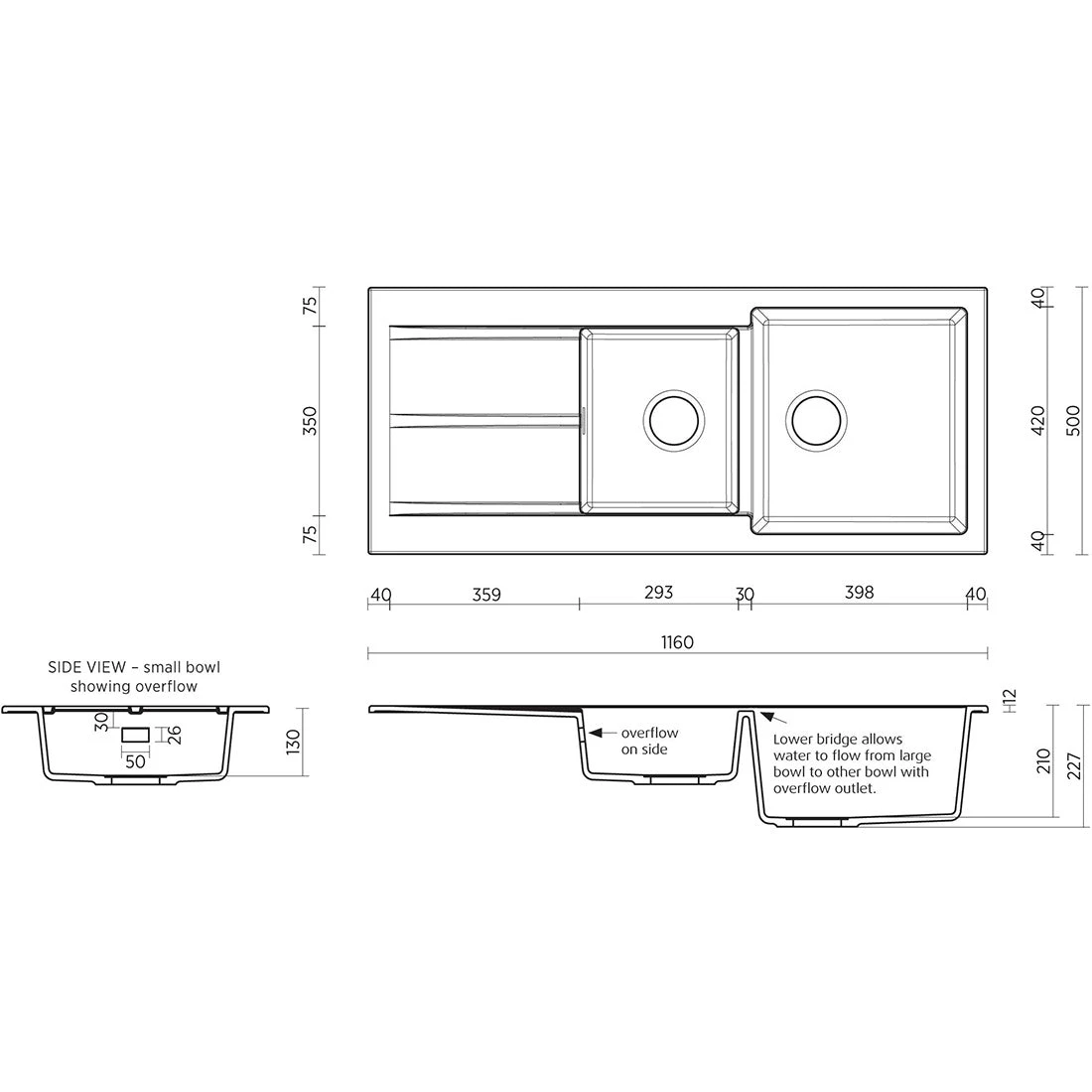 Seima Oros 1160 Sink Left Drainer 1 Taphole Black Seima Oros 1160 Sink Left Drainer 1 Taphole Black -Cook & Bathe 191052 spec web