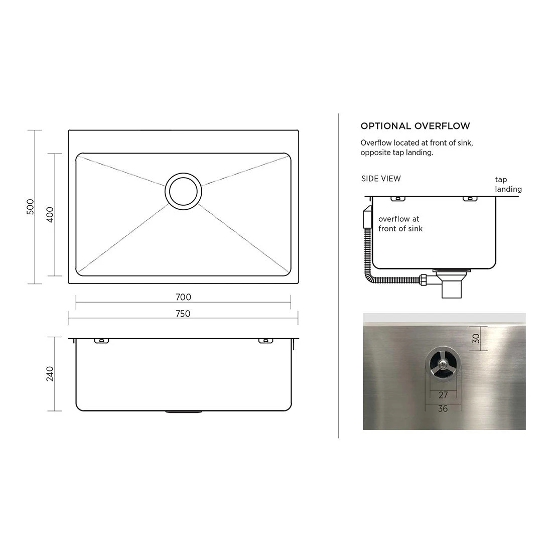 Seima Kubic Deep 750 Sink No Overflow No Tap Hole Stainless Steel Seima Kubic Deep 750 Sink No Overflow No Tap Hole Stainless Steel -Cook & Bathe 191661 spec web