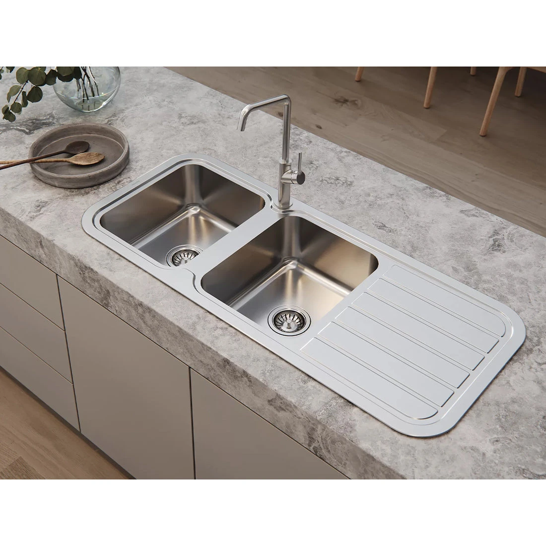 Phoenix 1000 Series Double Left Hand Bowl Sink With Drainer And Taphole, Stainless Steel Phoenix 1000 Series Double Left Hand Bowl Sink With Drainer And Taphole, Stainless Steel -Cook & Bathe 300 2111 50 Lifestyle Web