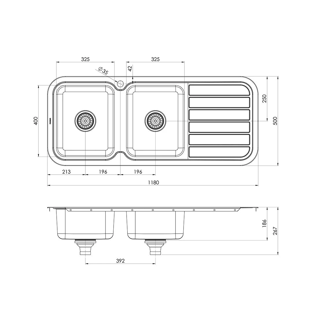 Phoenix 1000 Series Double Left Hand Bowl Sink With Drainer And Taphole, Stainless Steel Phoenix 1000 Series Double Left Hand Bowl Sink With Drainer And Taphole, Stainless Steel -Cook & Bathe 300 2111 50 Spec Web