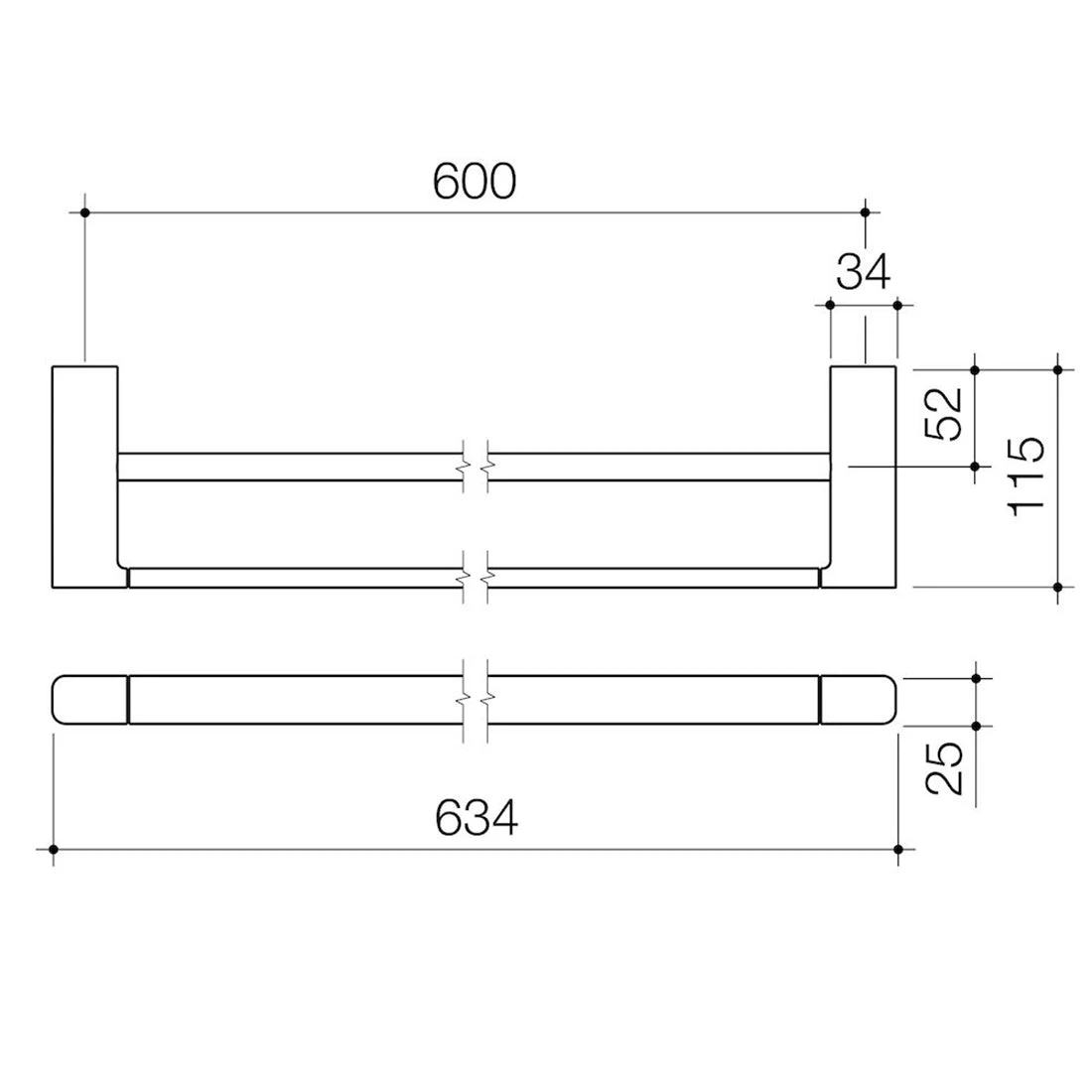 Caroma Luna Double Towel Rail 630mm Brushed Nickel Caroma Luna Double Towel Rail 630mm Brushed Nickel -Cook & Bathe 99614bn spec web