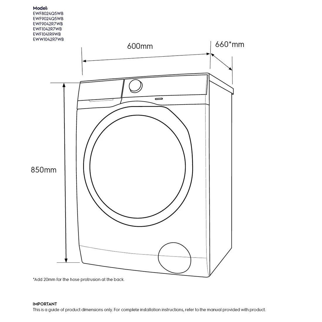 Electrolux 10kg UltimateCare 900 Front Load Washing Machine with AutoDose Electrolux 10kg UltimateCare 900 Front Load Washing Machine With AutoDose -Cook & Bathe EWF1041R9WB spec