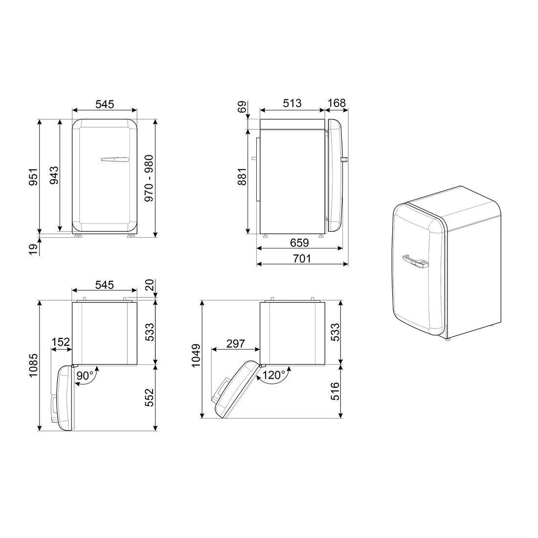 Smeg FAB10 50's Style 135L Retro Refrigerator Left Hand Hinge White Smeg FAB10 50's Style 135L Retro Refrigerator Left Hand Hinge White -Cook & Bathe FAB10HLCR5AU spec