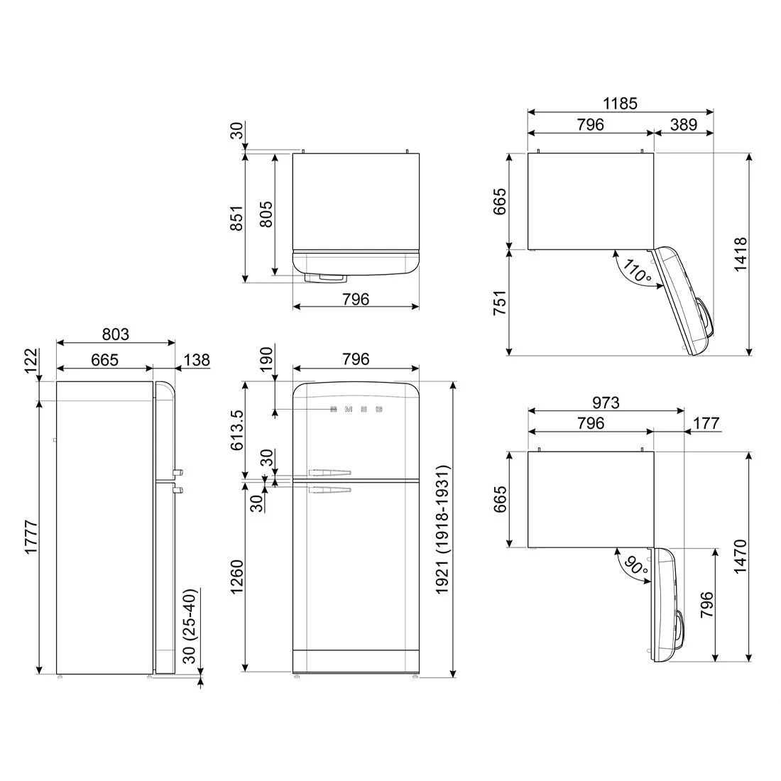 Smeg 50's Style 523L Retro Refrigerator Right Hand Hinge Red Smeg 50's Style 523L Retro Refrigerator Right Hand Hinge Red -Cook & Bathe FAB50RBL5AU spec 3