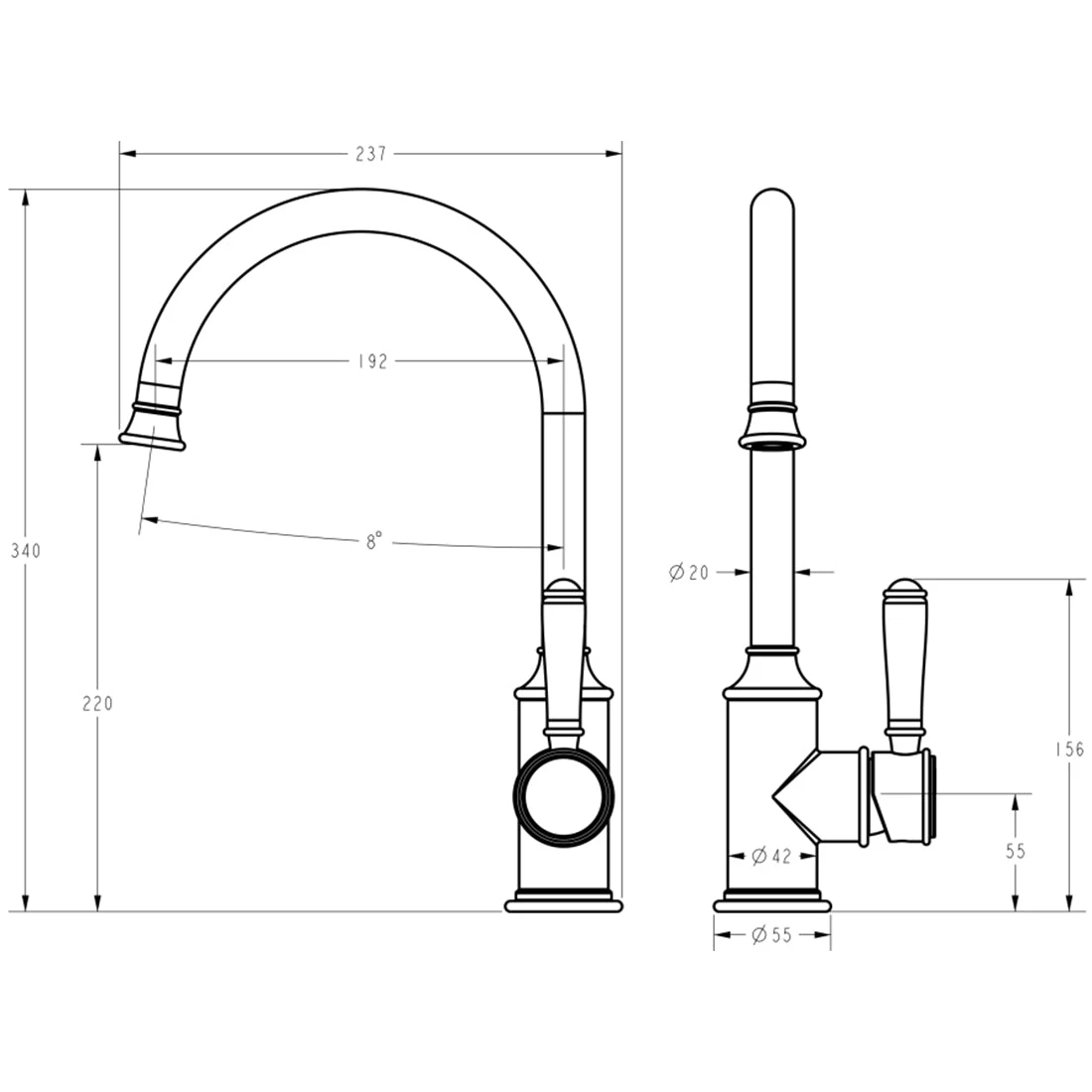 Ikon Clasico Gooseneck Sink Mixer Brushed Gold - Ceramic Handle Ikon Clasico Gooseneck Sink Mixer Brushed Gold - Ceramic Handle -Cook & Bathe HYB868 101A spec 3