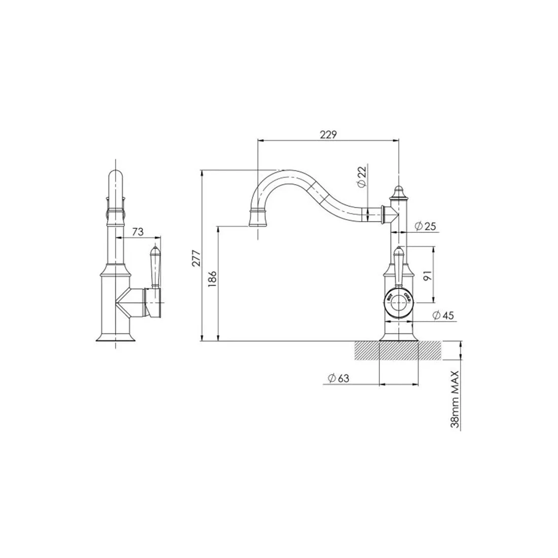 Phoenix Nostalgia Sink Mixer 220mm Shepherds Crook Brushed Nickel Phoenix Nostalgia Sink Mixer 220mm Shepherds Crook Brushed Nickel -Cook & Bathe NS738 40 SpecSheet Web