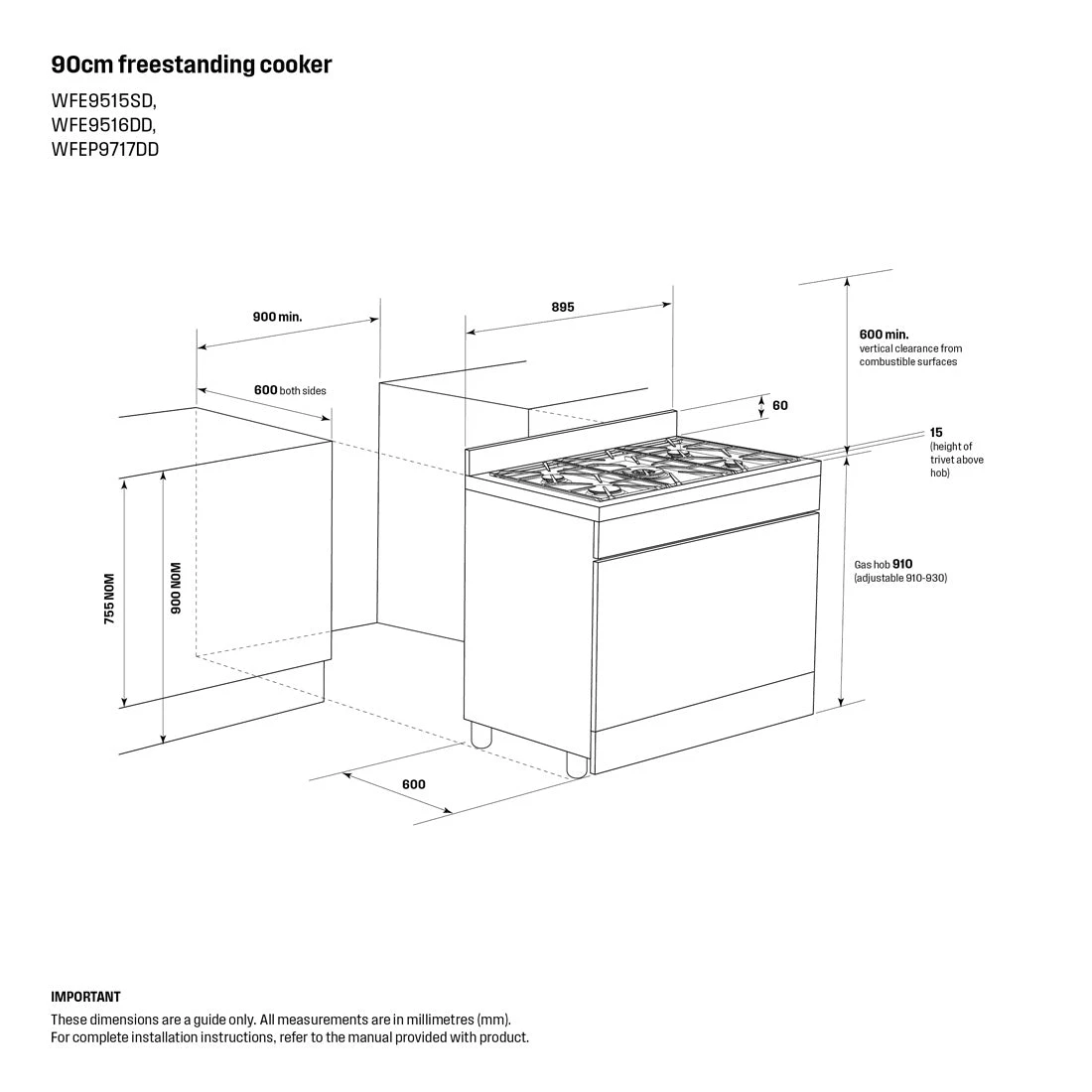 Westinghouse 90cm Dual Fuel Freestanding Oven Stainless Steel Westinghouse 90cm Dual Fuel Freestanding Oven Stainless Steel -Cook & Bathe WFE9515SD spec
