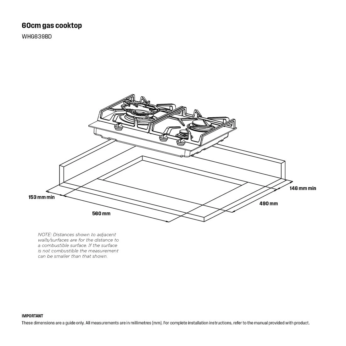 Westinghouse 60cm 3 Burner Black Ceramic Glass Gas Cooktop Westinghouse 60cm 3 Burner Black Ceramic Glass Gas Cooktop -Cook & Bathe WHG639BD spec