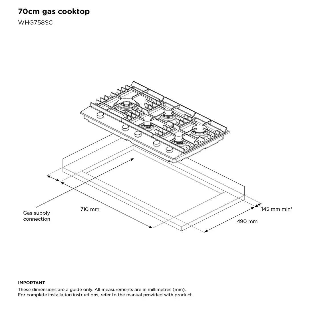 Westinghouse 75cm 5 Burner Stainless Steel Gas Cooktop Westinghouse 75cm 5 Burner Stainless Steel Gas Cooktop -Cook & Bathe WHG758SC spec