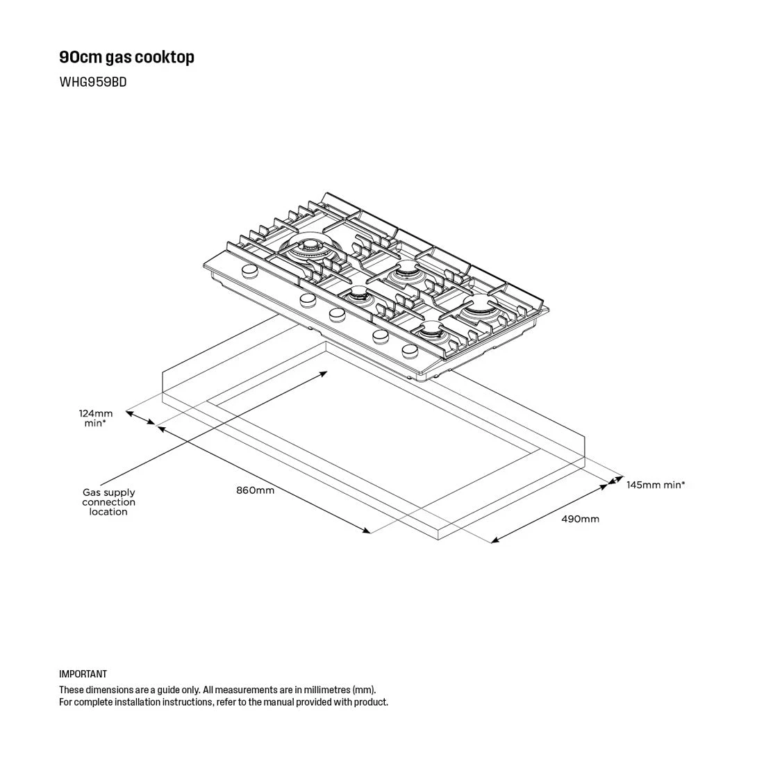 Westinghouse 90cm 5 Burner Black Ceramic Glass Gas Cooktop Westinghouse 90cm 5 Burner Black Ceramic Glass Gas Cooktop -Cook & Bathe WHG959BD spec