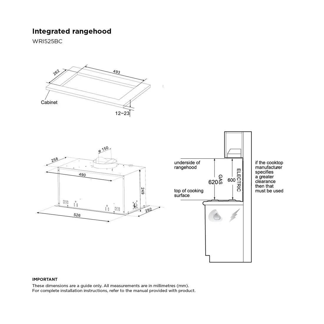 Westinghouse 52cm Integrated Rangehood Dark Stainless Steel Westinghouse 52cm Integrated Rangehood Dark Stainless Steel -Cook & Bathe WRI525BC spec