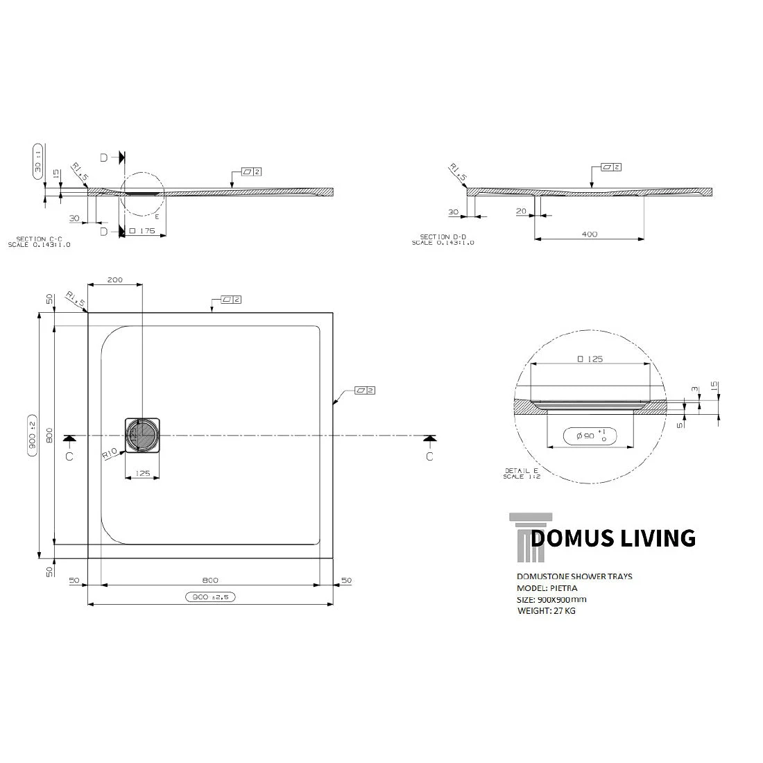 Domus Living Pietra Bianco Shower Floor 900x900 Domus Living Pietra Bianco Shower Floor 900x900 -Cook & Bathe dlpt9090 b spec web